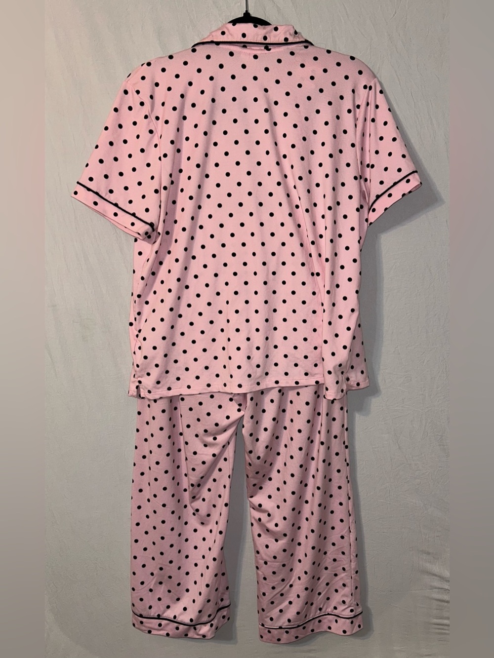 Joy Spun Pink Polka Dot Pajama Set with Contrast Trim Large Capri Length Pockets - Picture 3 of 7